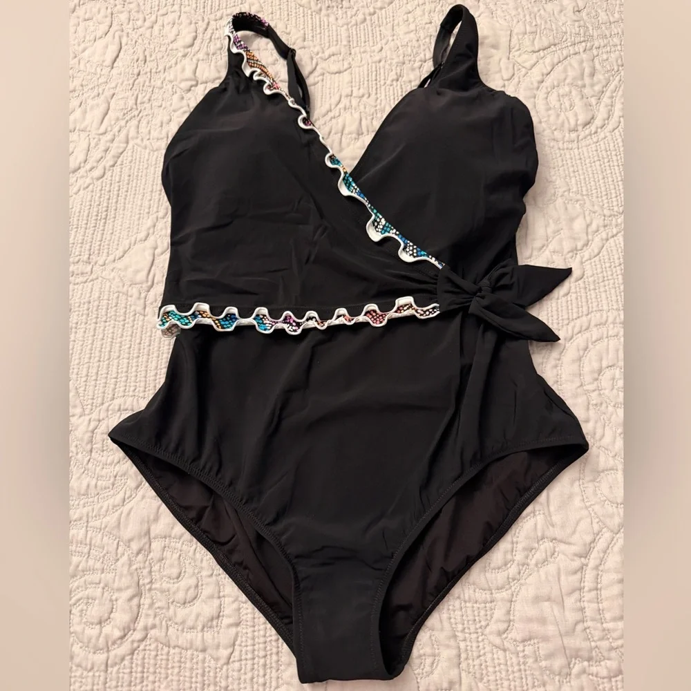 NWT PROFILE BY GOTTEX LAYLA TRICOLORE V-NECK SURPLICE ONE PIECE SWIMSUIT SIZE 14 - Picture 3 of 11